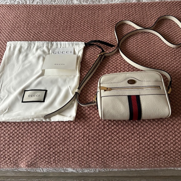 GUCCI MINI OPHIDIA WHITE LEATHER WEB CROSSBODY MINI - Picture 1 of 1